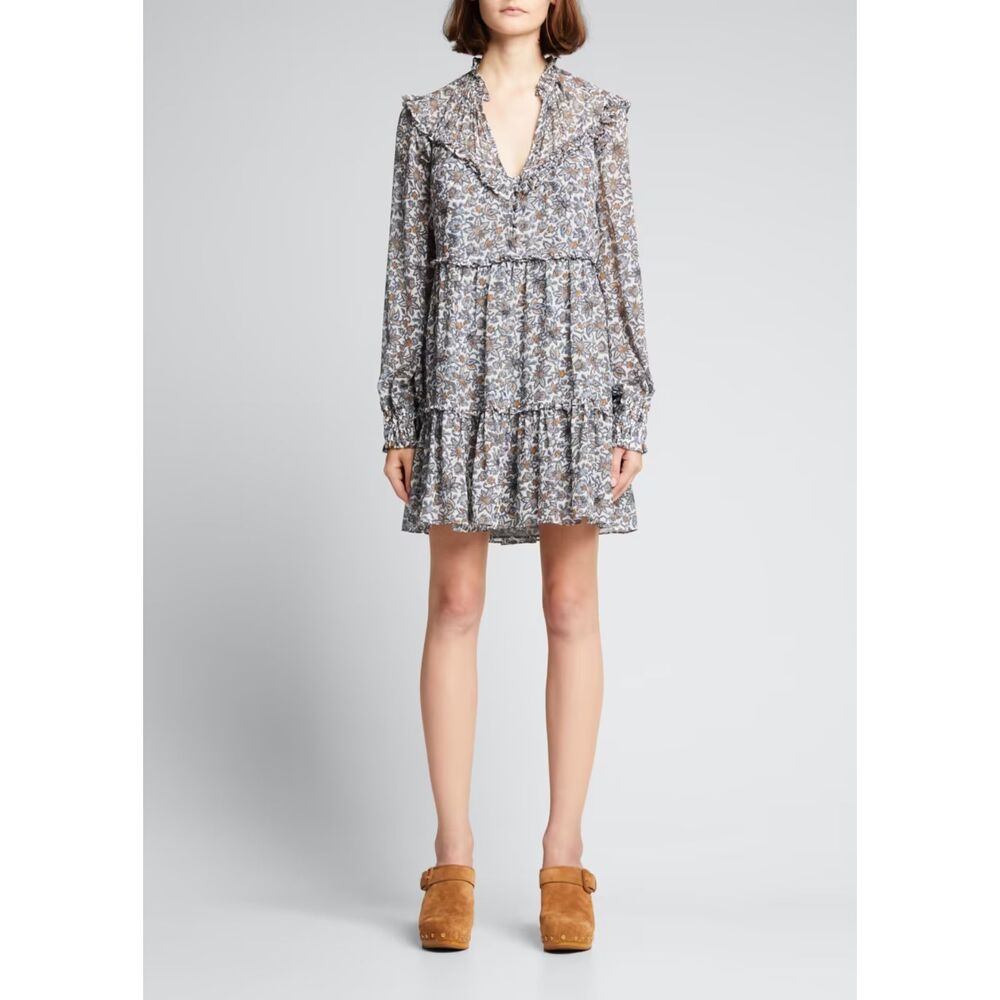 Veronica Beard Savile Silk Mini Dress Women's 6 Blue Floral Long Sleeve Cottage